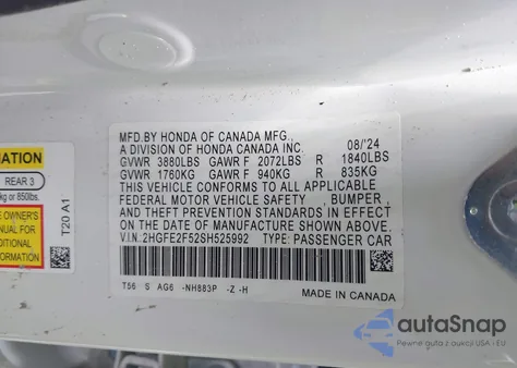 2025 Honda Civic Sport z USA, uszkodzony, nr VIN 2HGFE2F52SH525992